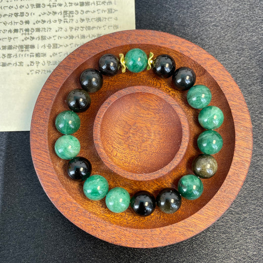 （A03）天然石ブレスレット　グリーンマイカ　シルバーオプシディアン